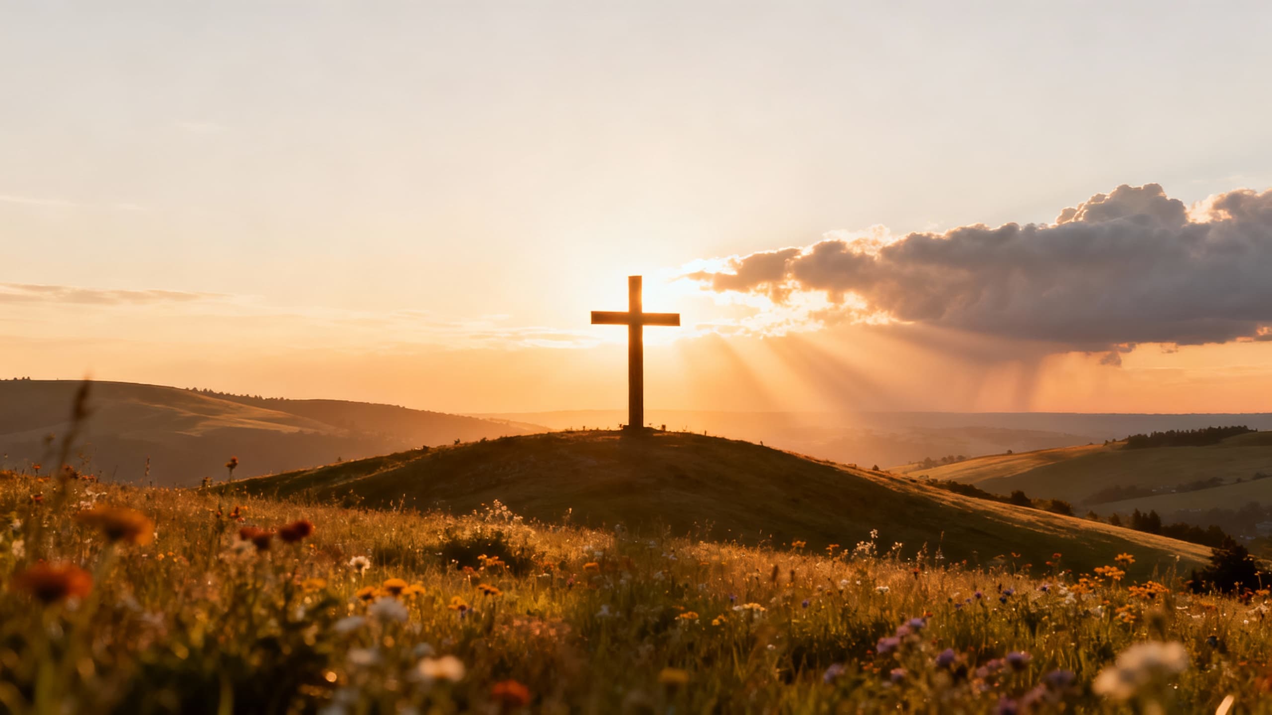 Majestic cross on hilltop at golden hour sunrise