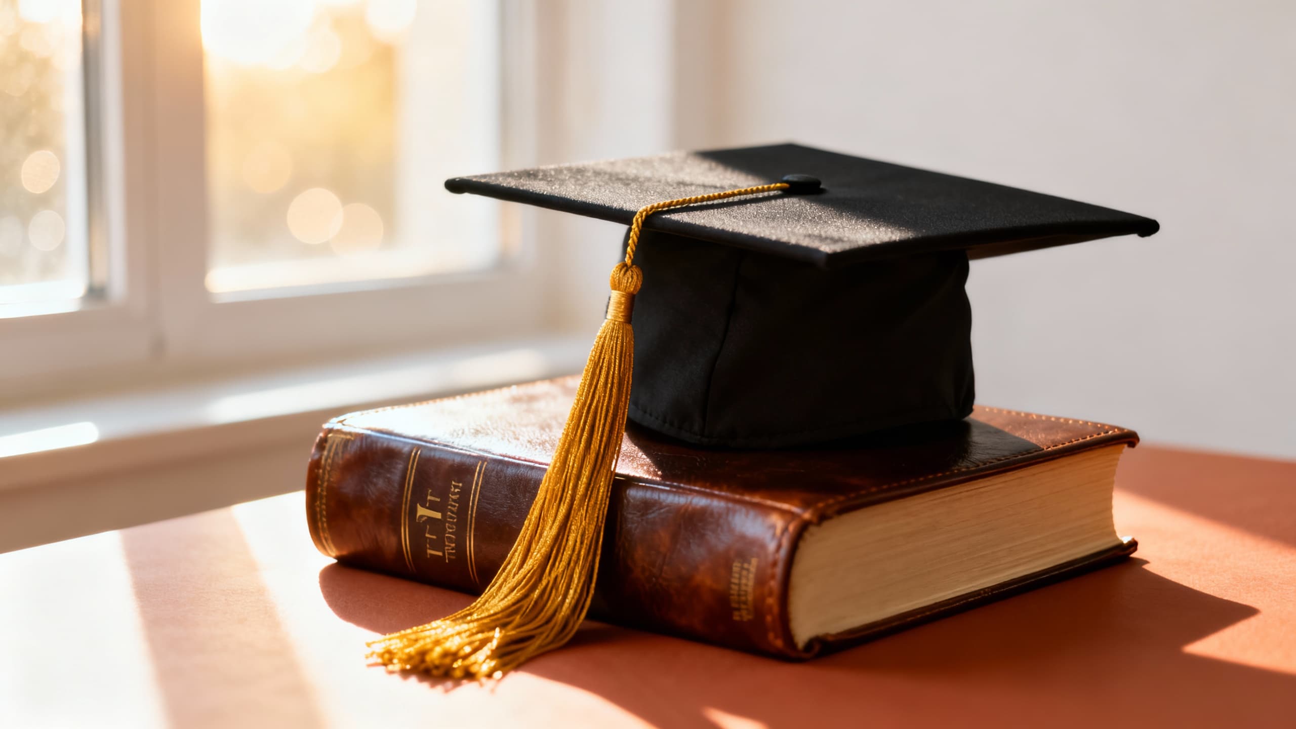 Graduation cap with tassel on top of Bible with sunlight streaming through window creating hopeful atmosphere