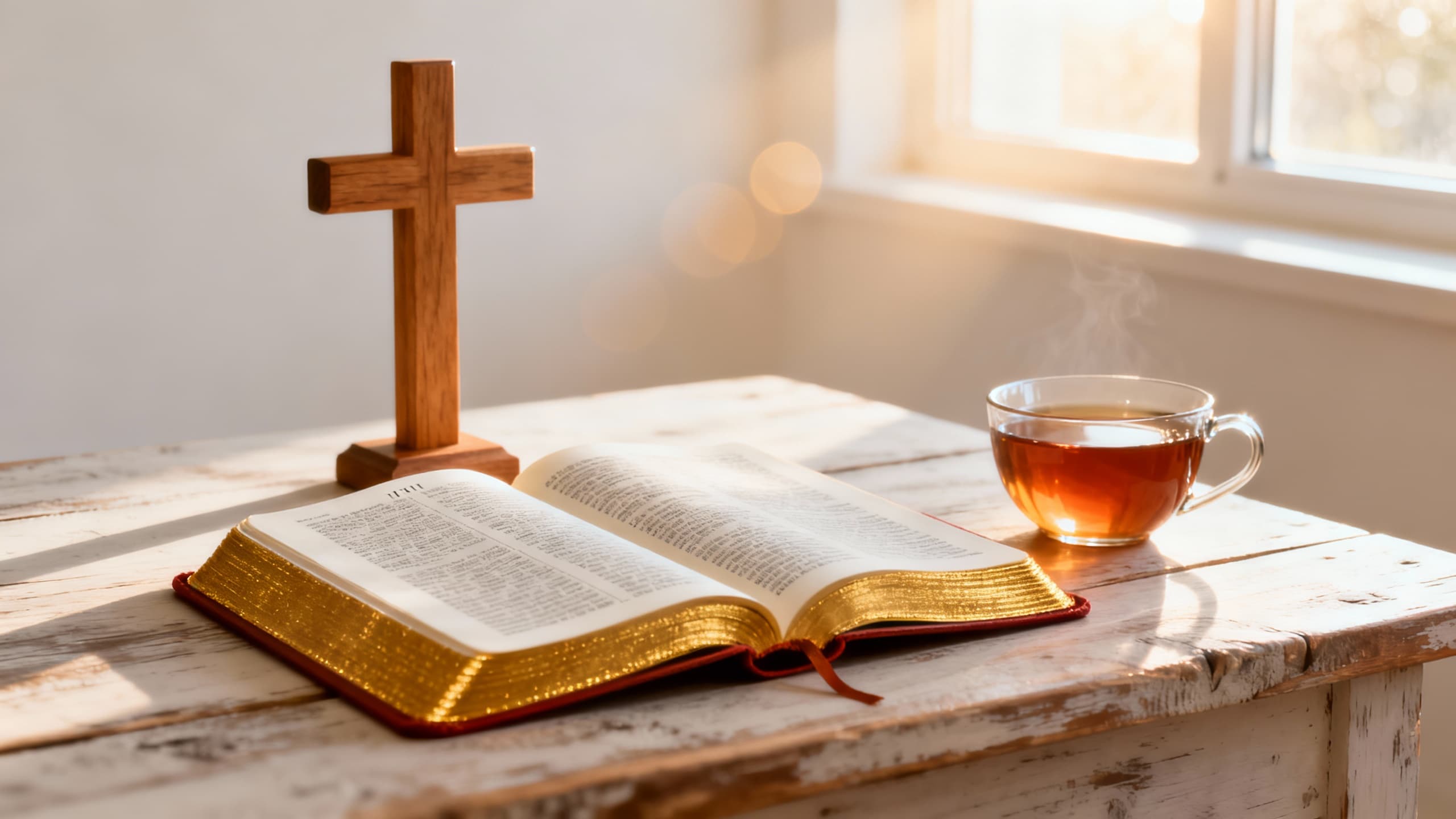 Open Holy Bible with gold-edged pages on rustic wooden table with wooden cross and soft morning sunlight
