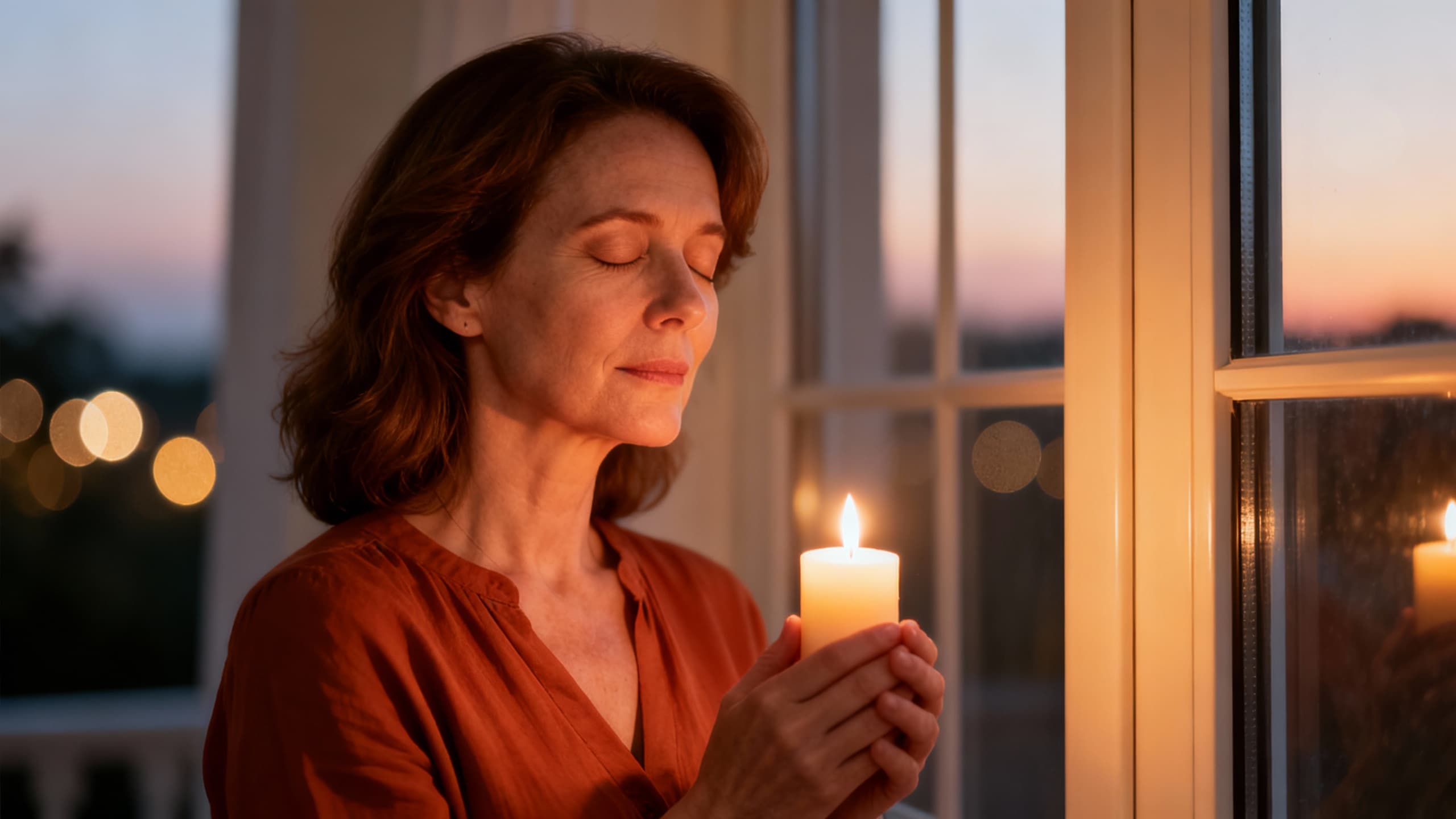 Woman holding a glowing candle by a window at dusk, praying for distant loved ones with warm intimate lighting