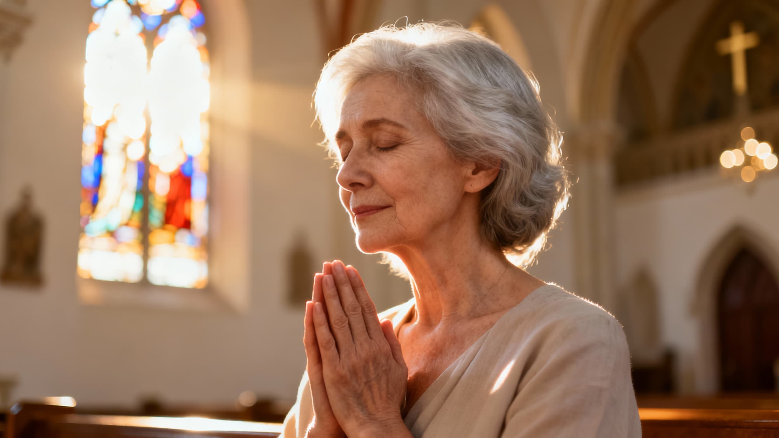 Elderly woman with silver hair praying peacefully in a sunlit church with stained glass windows casting colorful light