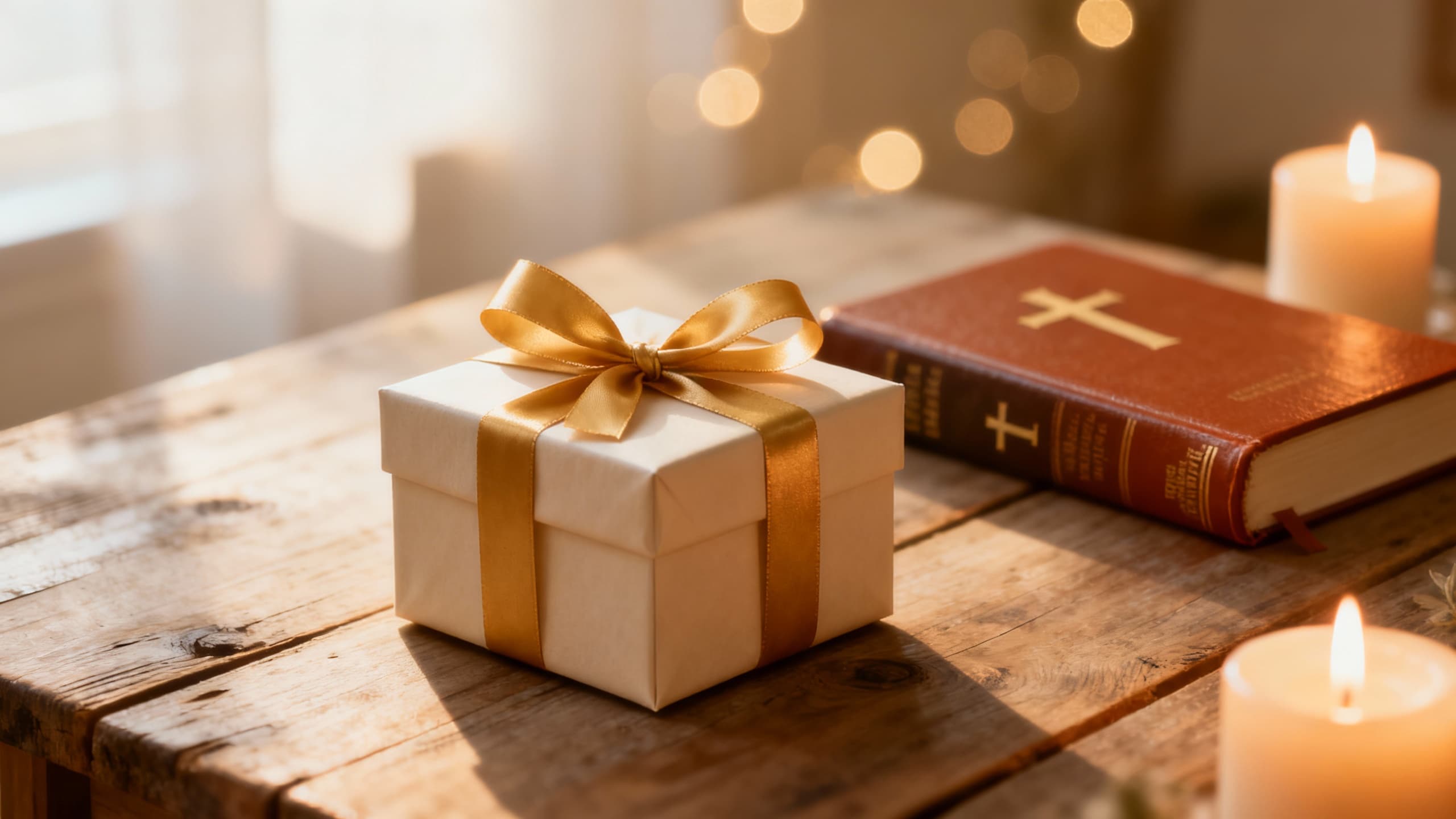 Beautifully wrapped gift box with golden ribbon on wooden table with soft candlelight and Bible in background