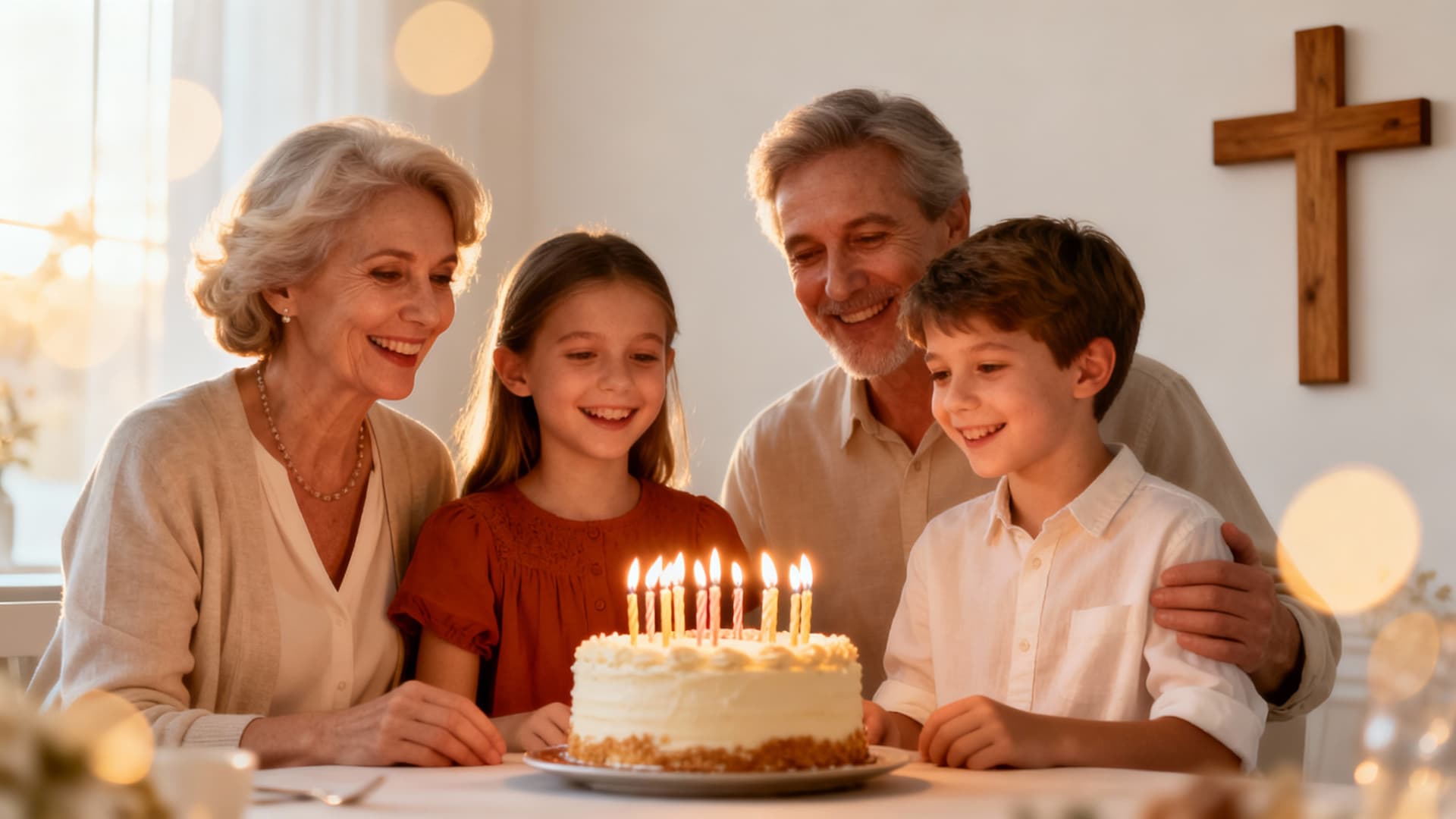 Christian family gathered around birthday cake with lit candles, grandmother and grandchildren celebrating together