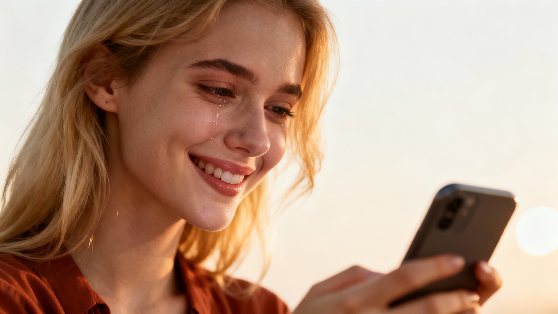 Young woman smiling with tears of joy while watching a heartfelt video message on her phone